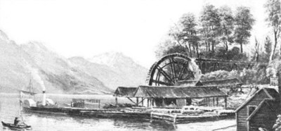 Dtail d’une peinture datant de 1892, montrant l’Antrim  la scierie o il a t construit,  Grennstone, sur le rivage du lac Wakatipu. Il est permis de supposer que le Cheviot  t constuit dans cette mme scierie. - 20.5 ko